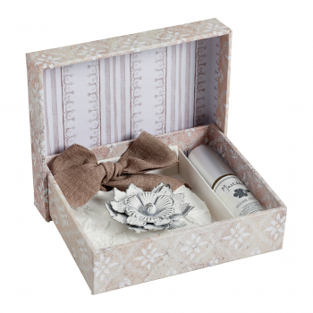 Preview: Geschenkpackung Duftstein rund mit Metallblüte und Duftzerstäuber