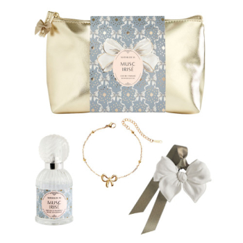 Geschenkbeutel gold mit Raumduft Musc Irisé, Duftornament und Armband