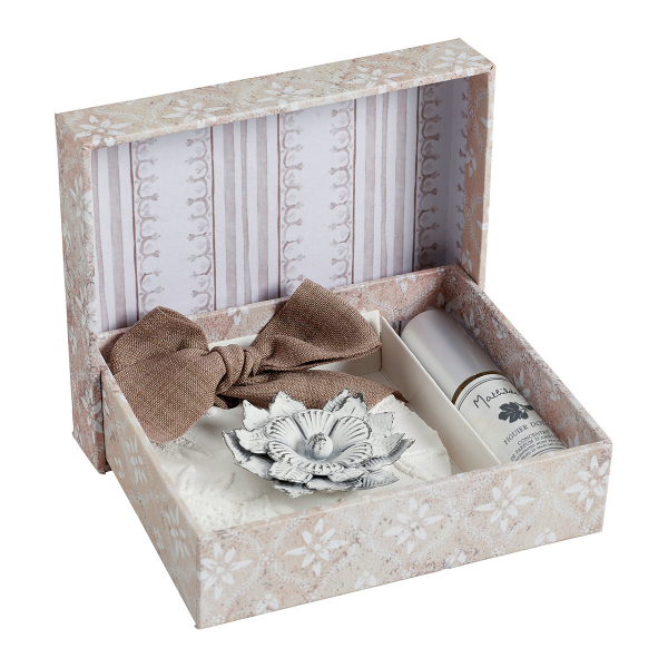 Geschenkpackung Duftstein rund mit Metallblüte und Duftzerstäuber