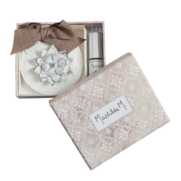 Geschenkpackung Duftstein rund mit Metallblüte und Duftzerstäuber